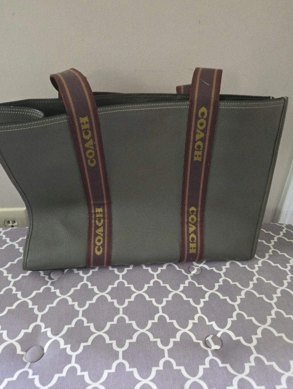 Coach Olive Green Leather Tote with Branded Burgundy Straps